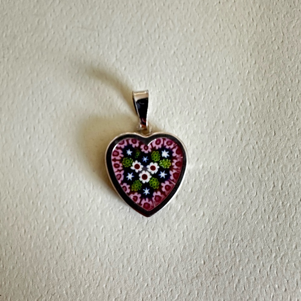 Millefiori Glass Heart Set in a Sterling Silver Frame Pendant